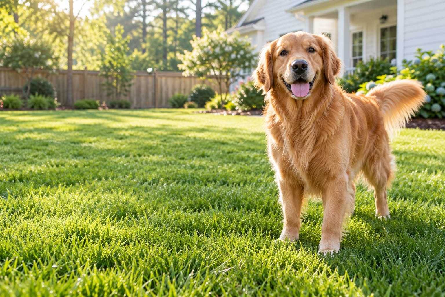Golden retriever enjoying a clean sunny backyard